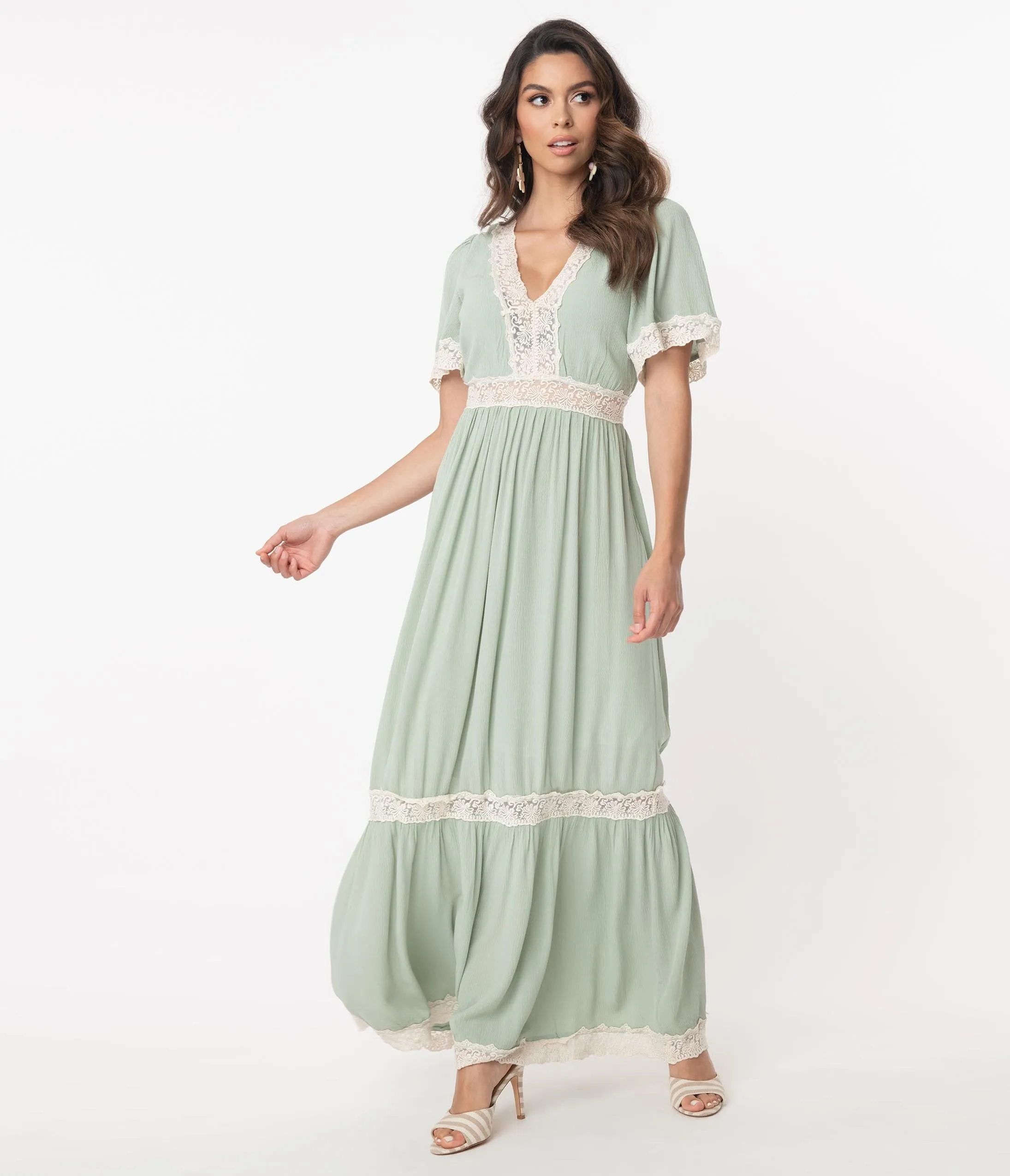 1970s Style Seafoam Lace Trim Maxi Dress