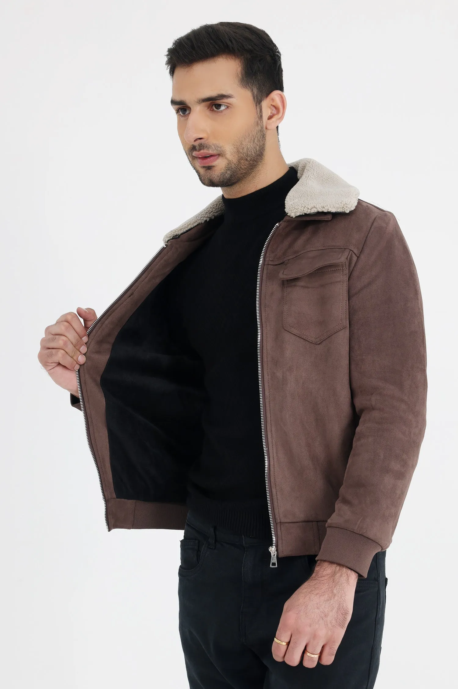 ALMAS URBAN SUEDE JACKET WITH FUR COLLAR-COFFEE