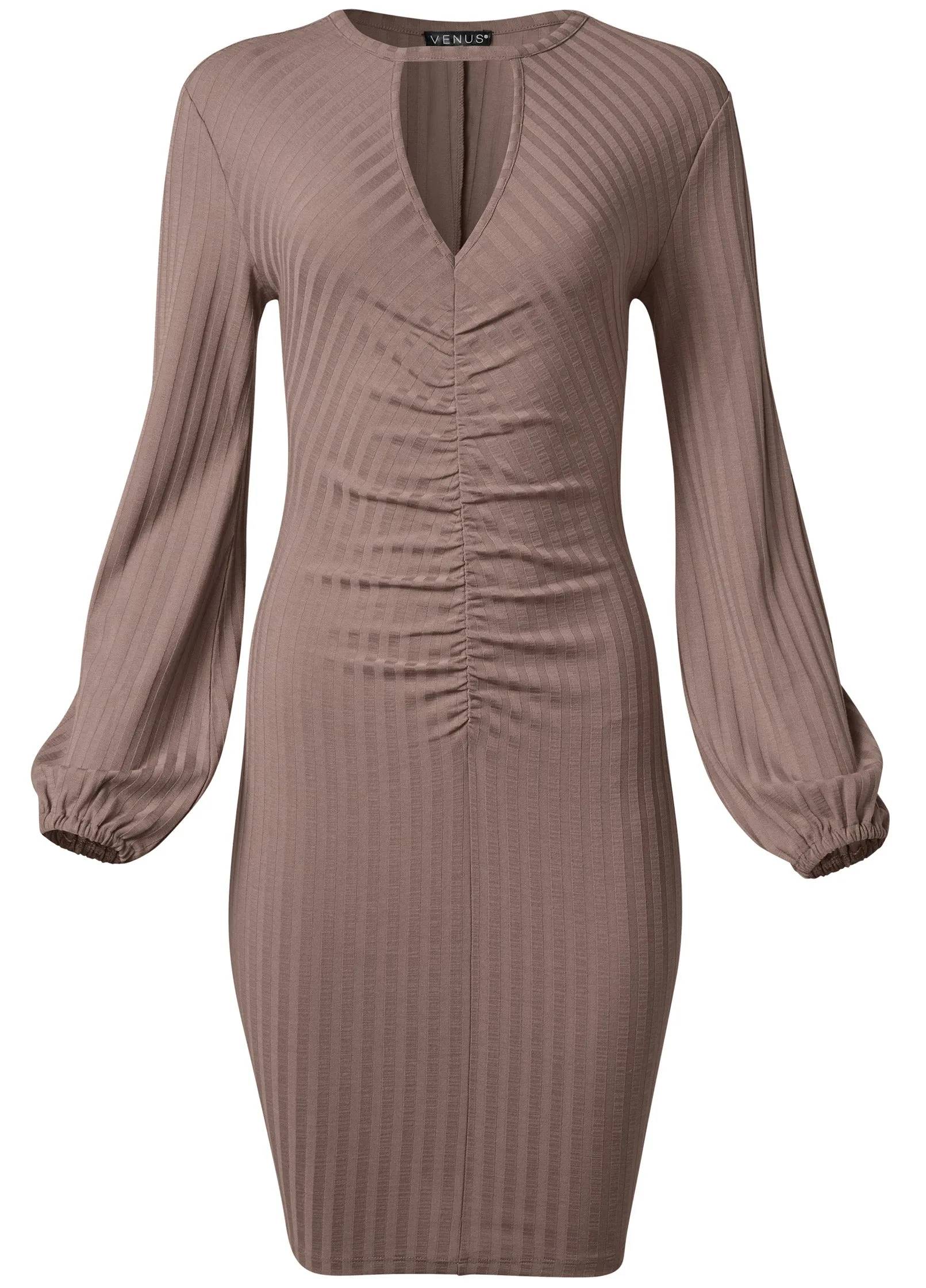 Balloon Sleeve Ruched Dress - Taupe