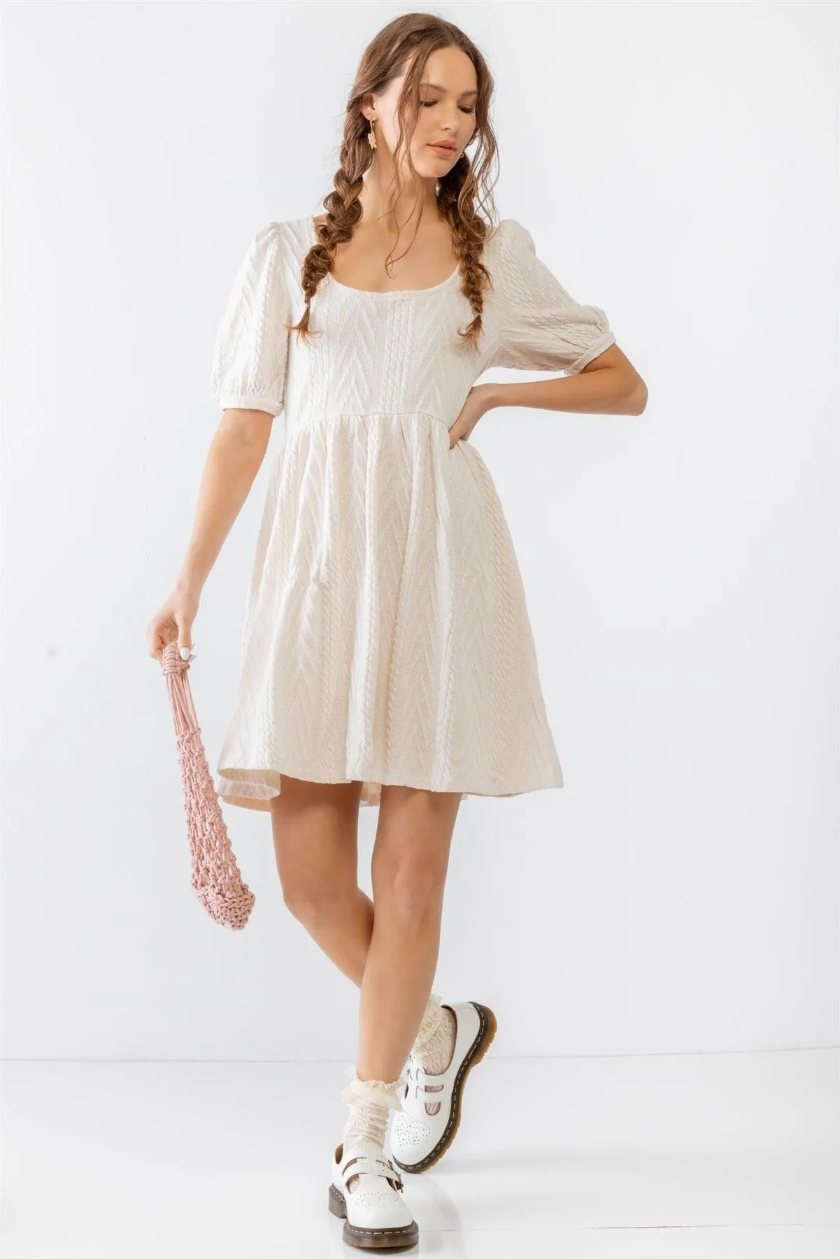 Beige Cable Knit Puff Short Sleeve Back Tie Mini Dress /2-2-2