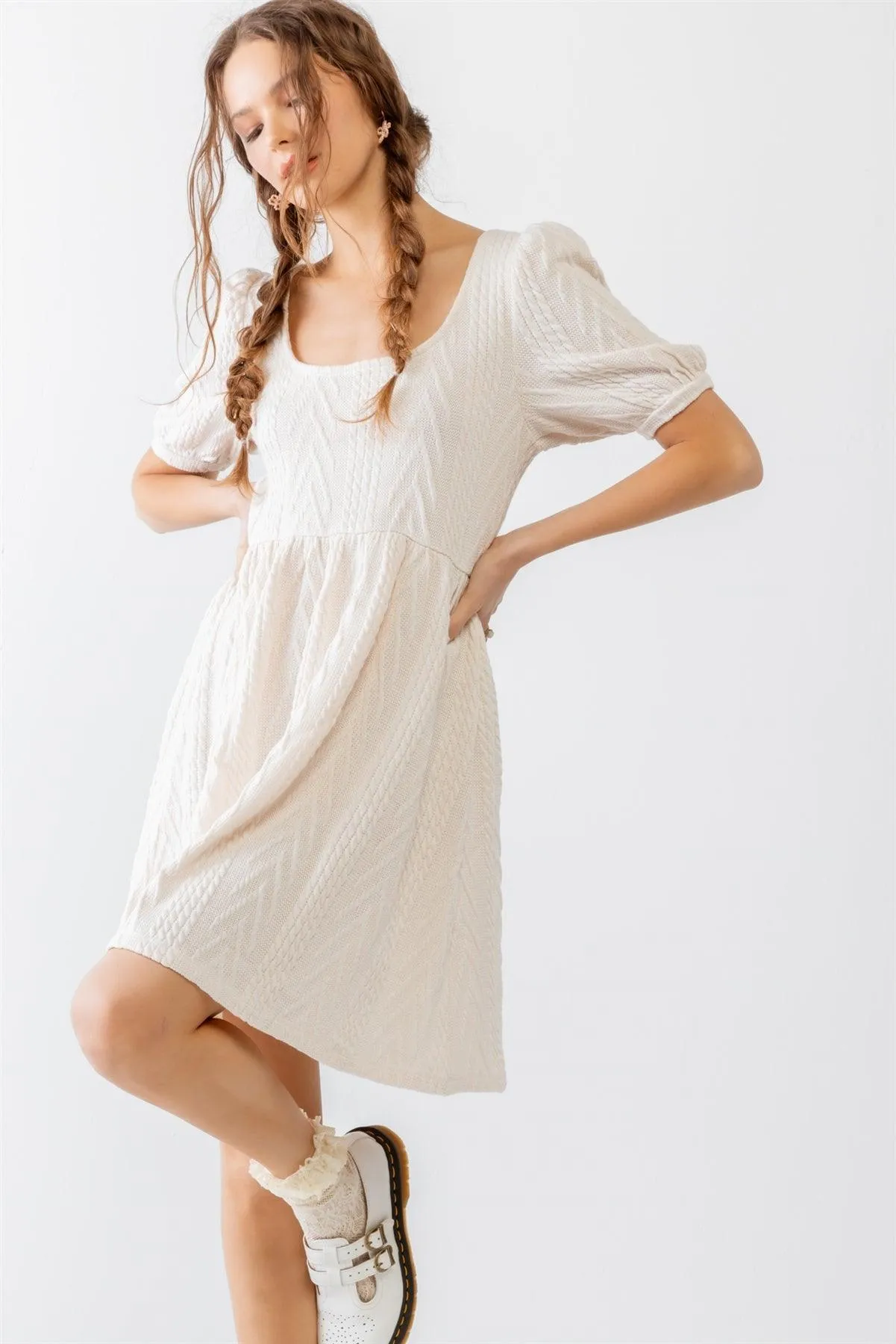 Beige Cable Knit Puff Short Sleeve Back Tie Mini Dress /2-2-2