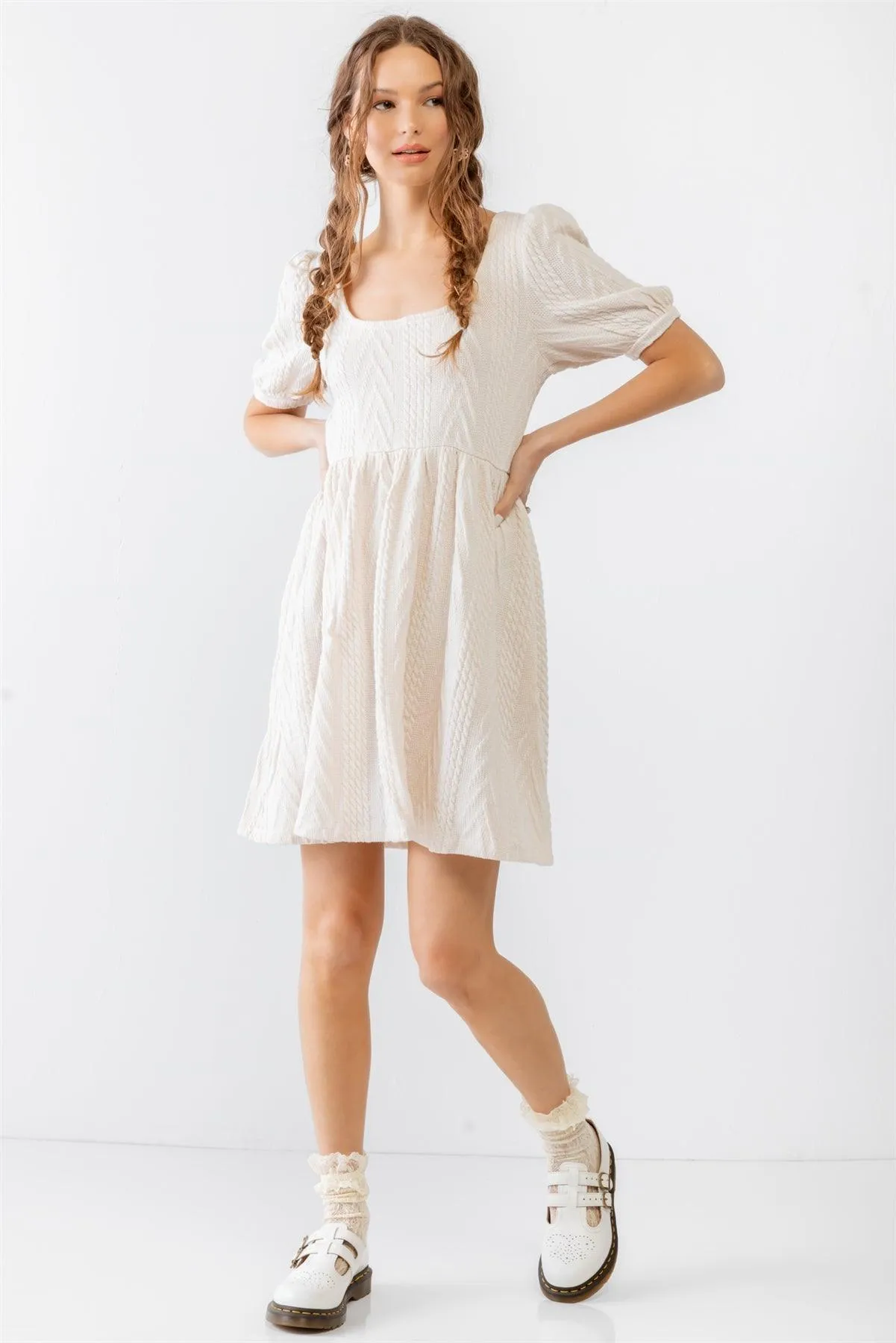 Beige Cable Knit Puff Short Sleeve Back Tie Mini Dress /2-2-2