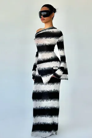 Black White Stripe Oblique Shoulder Long Sleeve Dress