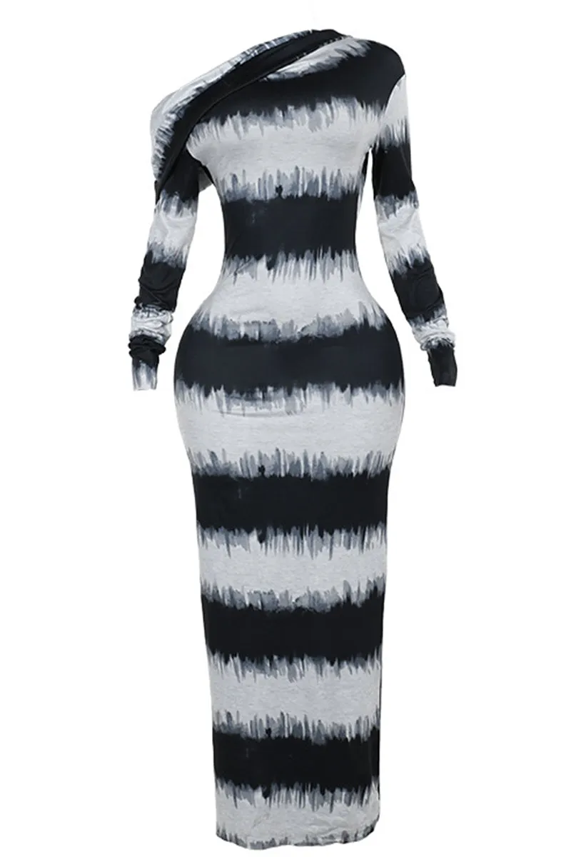 Black White Stripe Oblique Shoulder Long Sleeve Dress