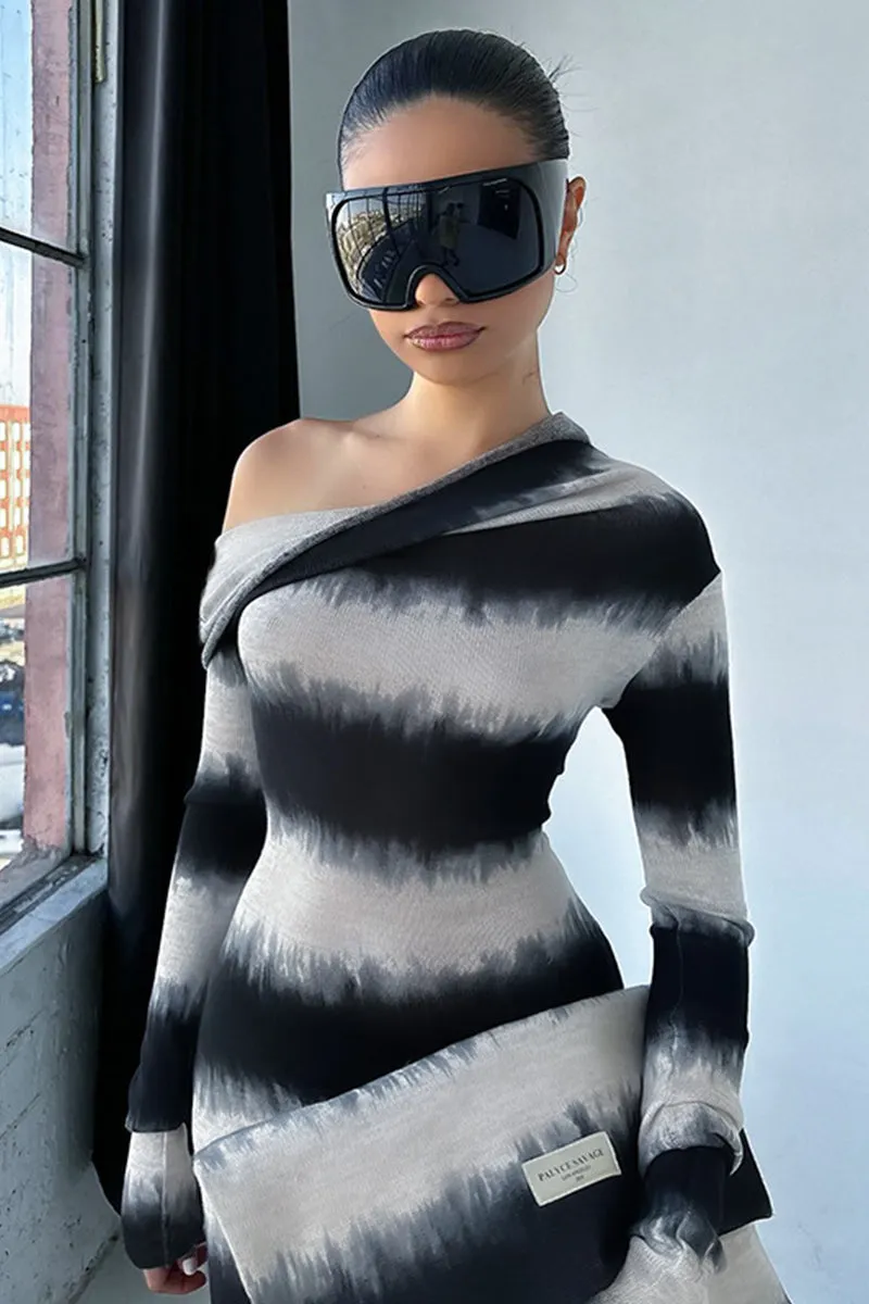 Black White Stripe Oblique Shoulder Long Sleeve Dress