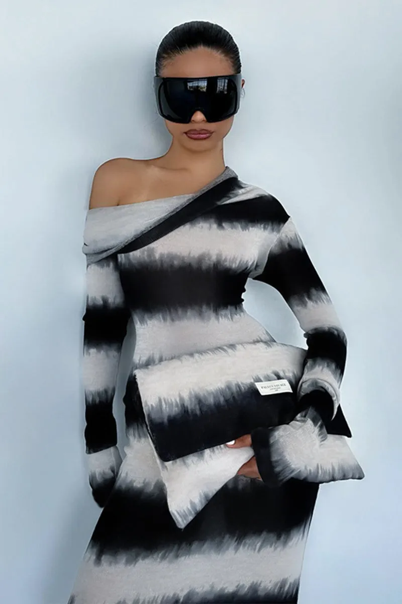 Black White Stripe Oblique Shoulder Long Sleeve Dress