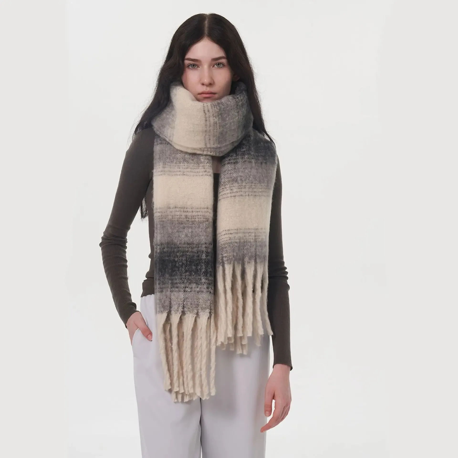 Cashmere Color Block Tassel Muffler Scarf