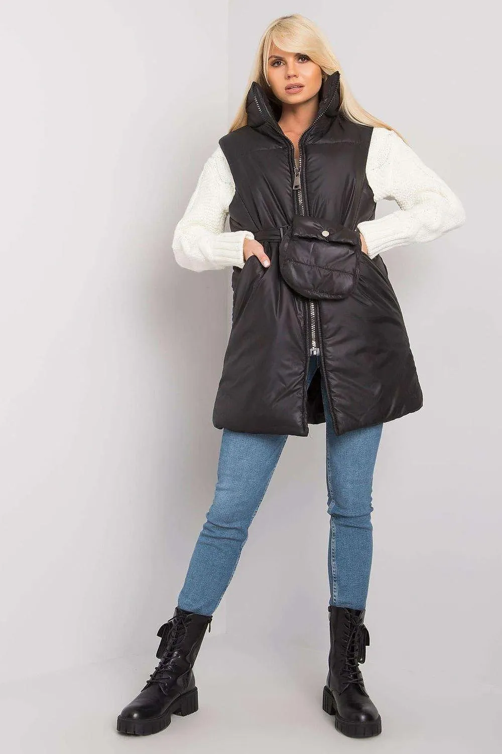 Chic Black Down Vest with Belt and Pouch - Essential Winter Fashion