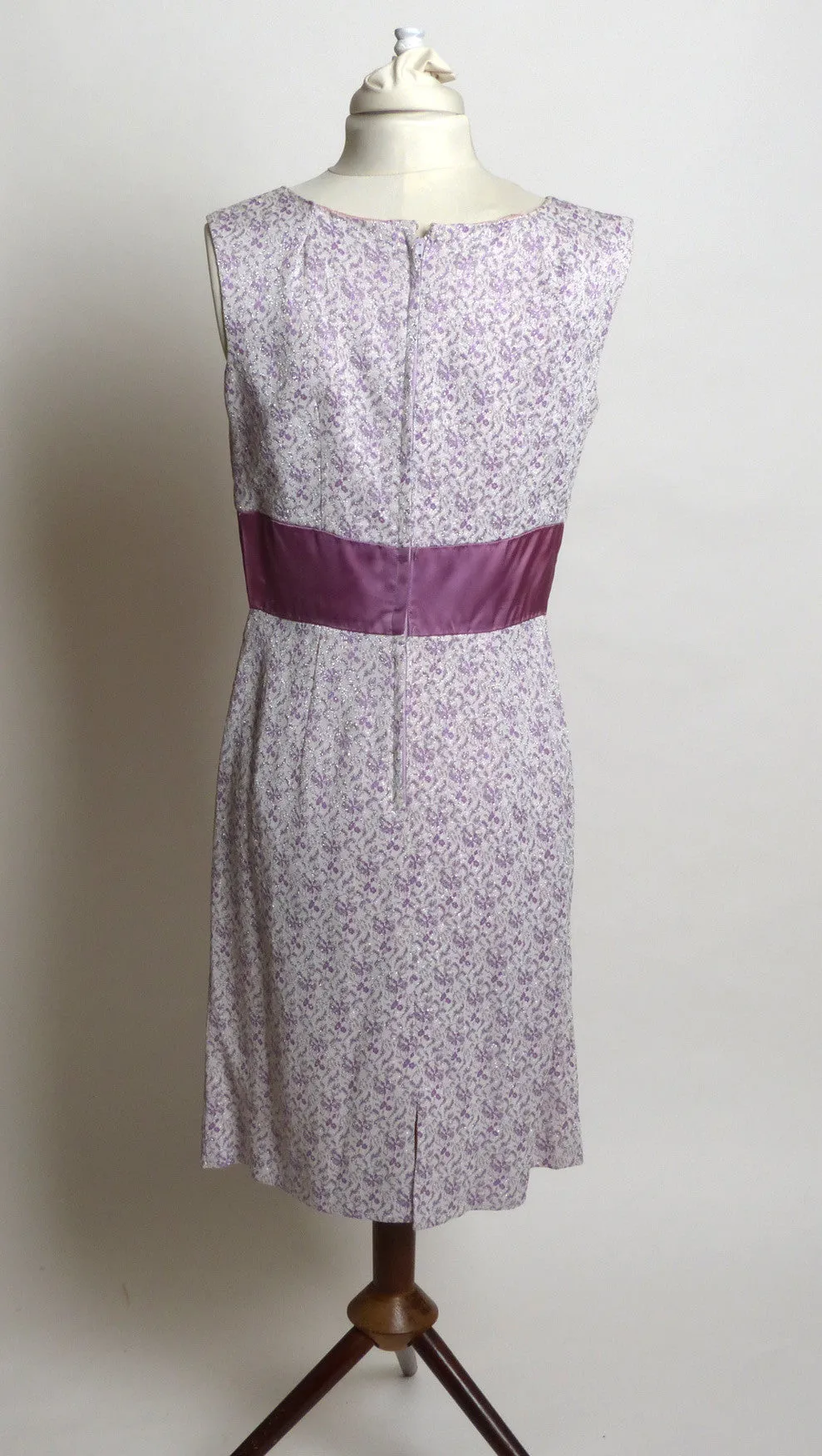 Circa 1950s Lavender and Cream Knit Floral Brocade Dress with Silver Accents