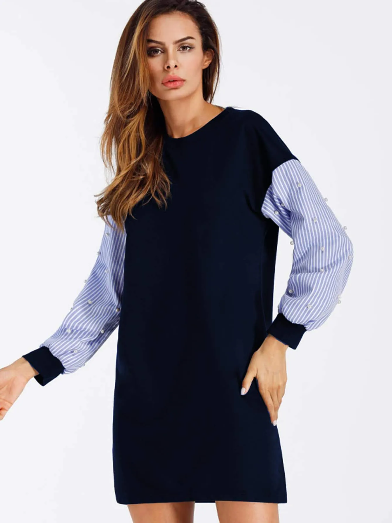 Contrast Striped Sleeve Pearl Beaded Sweatshirt Dress