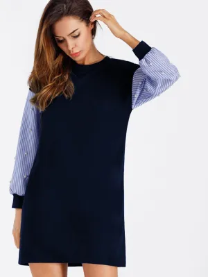 Contrast Striped Sleeve Pearl Beaded Sweatshirt Dress