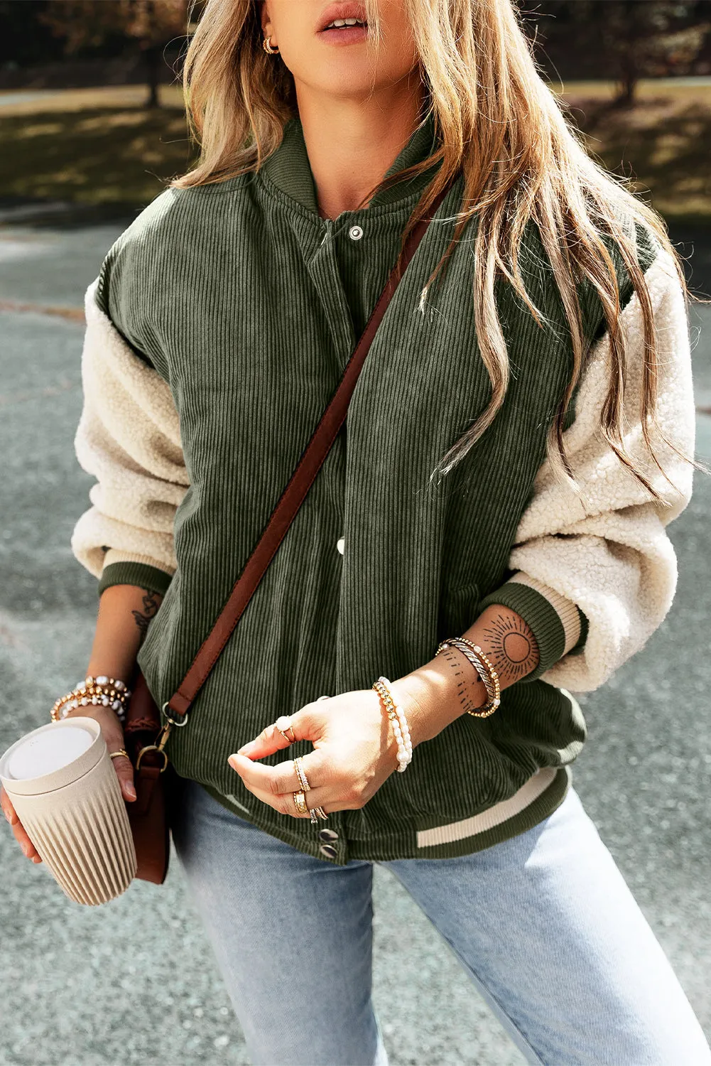 Corduroy Fleece Buttoned Bomber Jacket