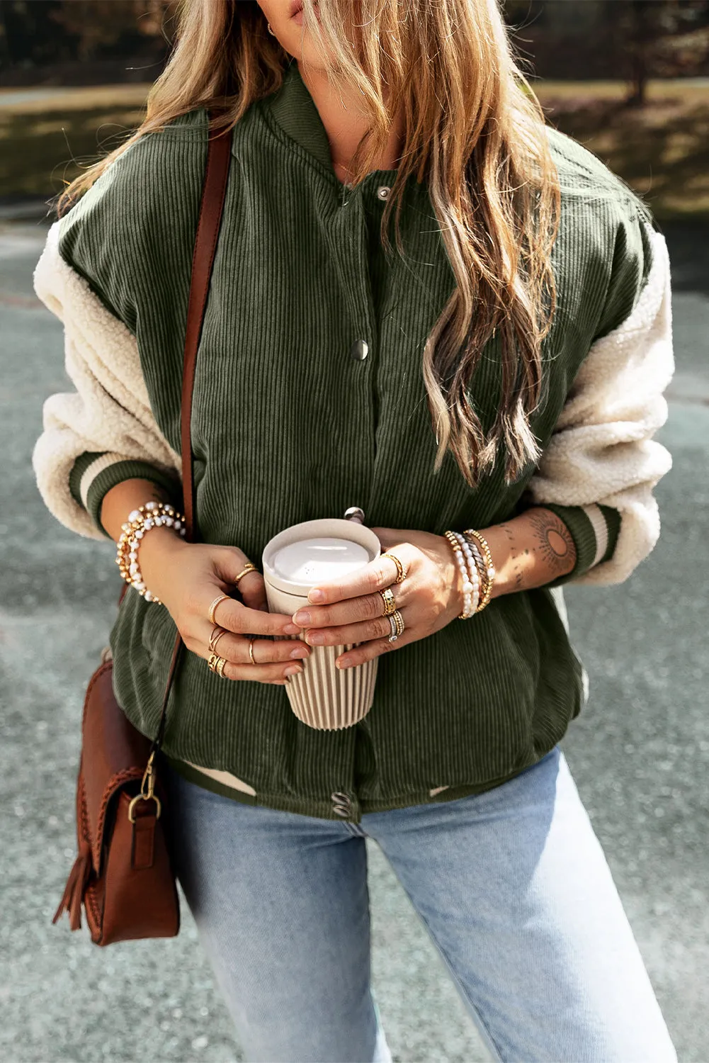 Corduroy Fleece Buttoned Bomber Jacket