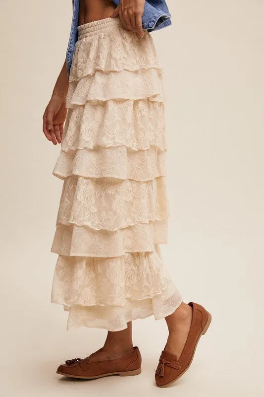 Cream Lace And Rose Jacquard Ruffle Tiered Maxi Skirt