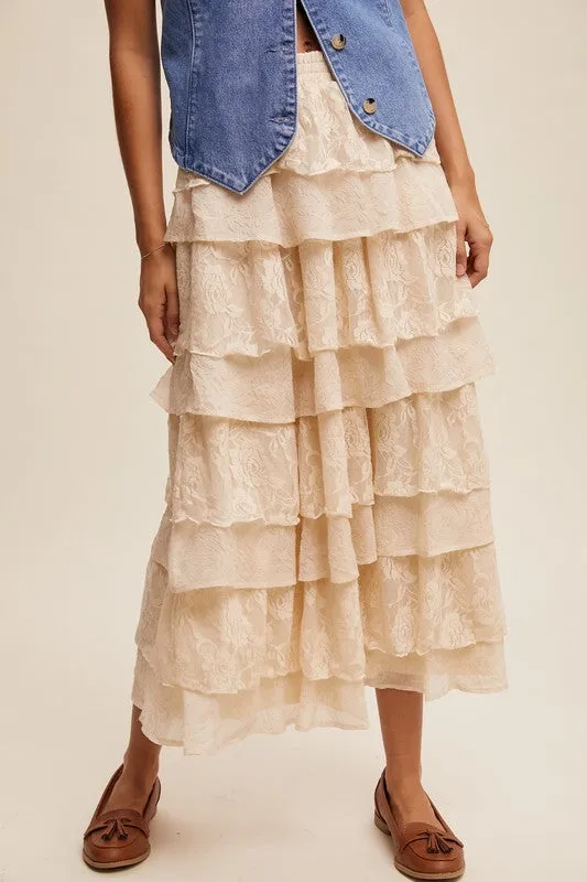 Cream Lace And Rose Jacquard Ruffle Tiered Maxi Skirt