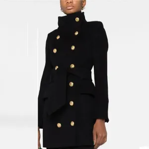 Double Breasted Long Sleeve Gold Buttons Wool Winter Coat