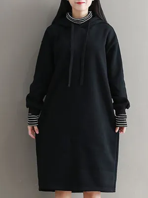 Fake Two-Piece Stripe High Collar Hooded Thick Dress