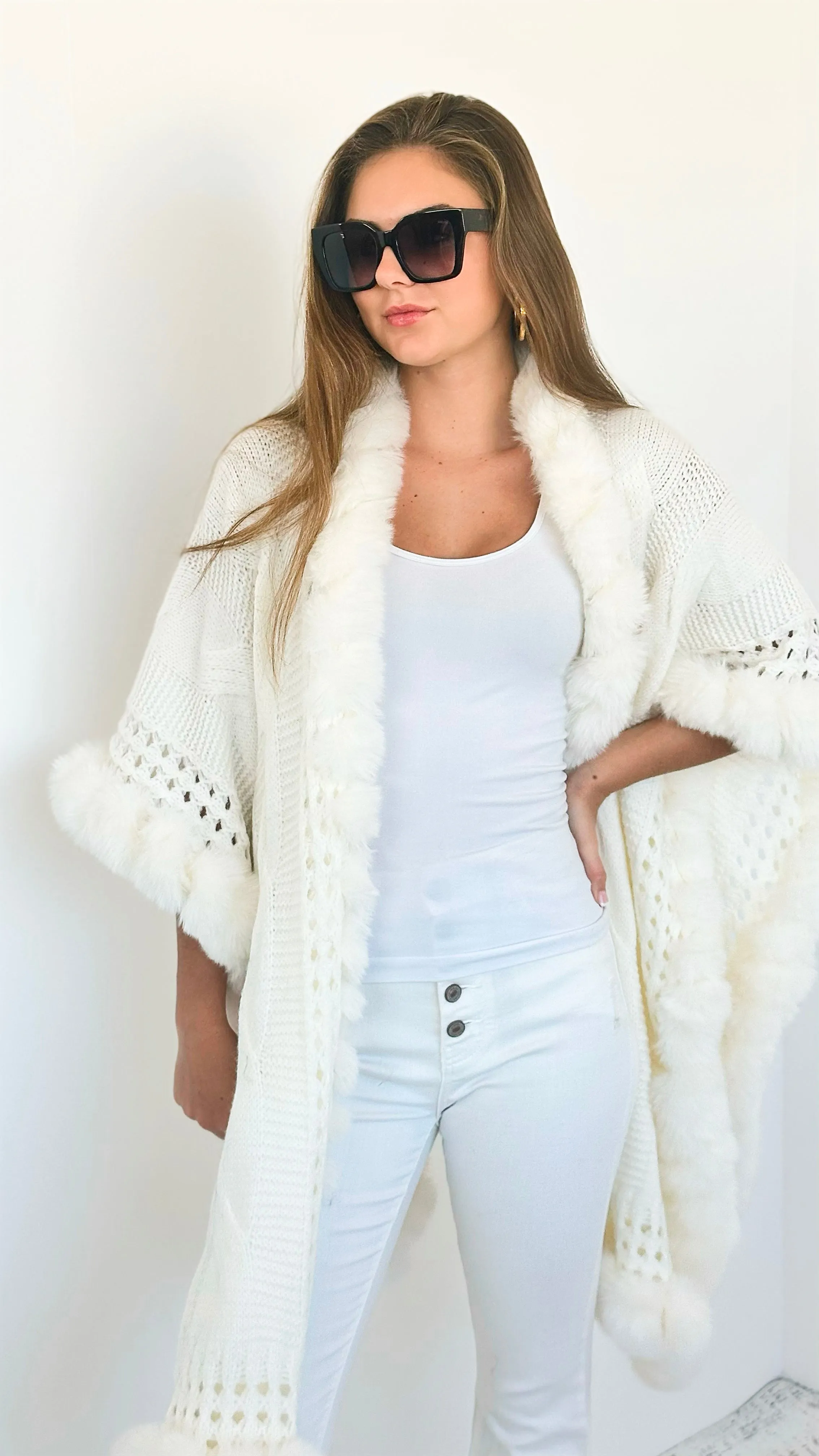 Faux Fur Trim Knitted Cardigan - Ivory