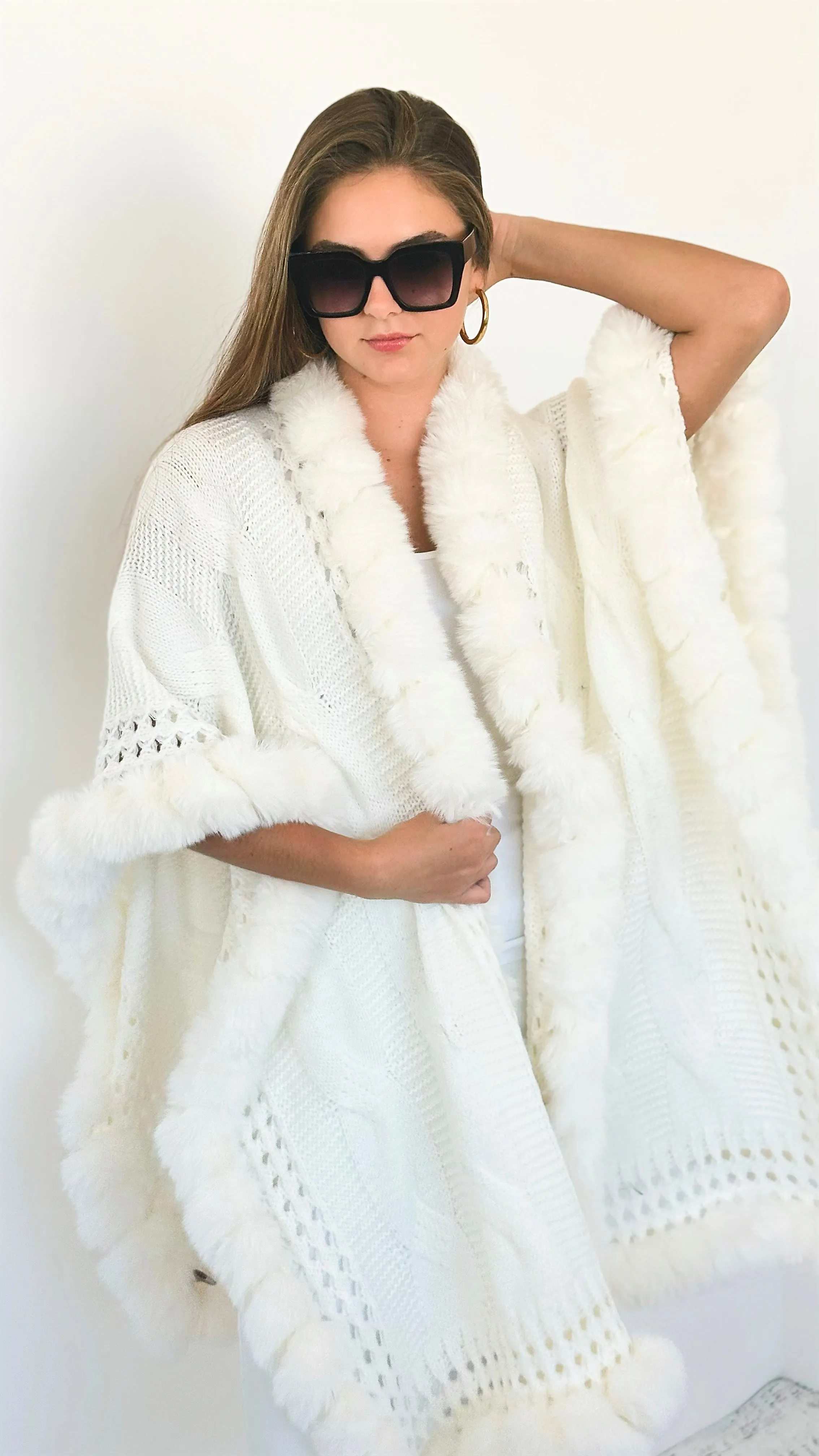 Faux Fur Trim Knitted Cardigan - Ivory