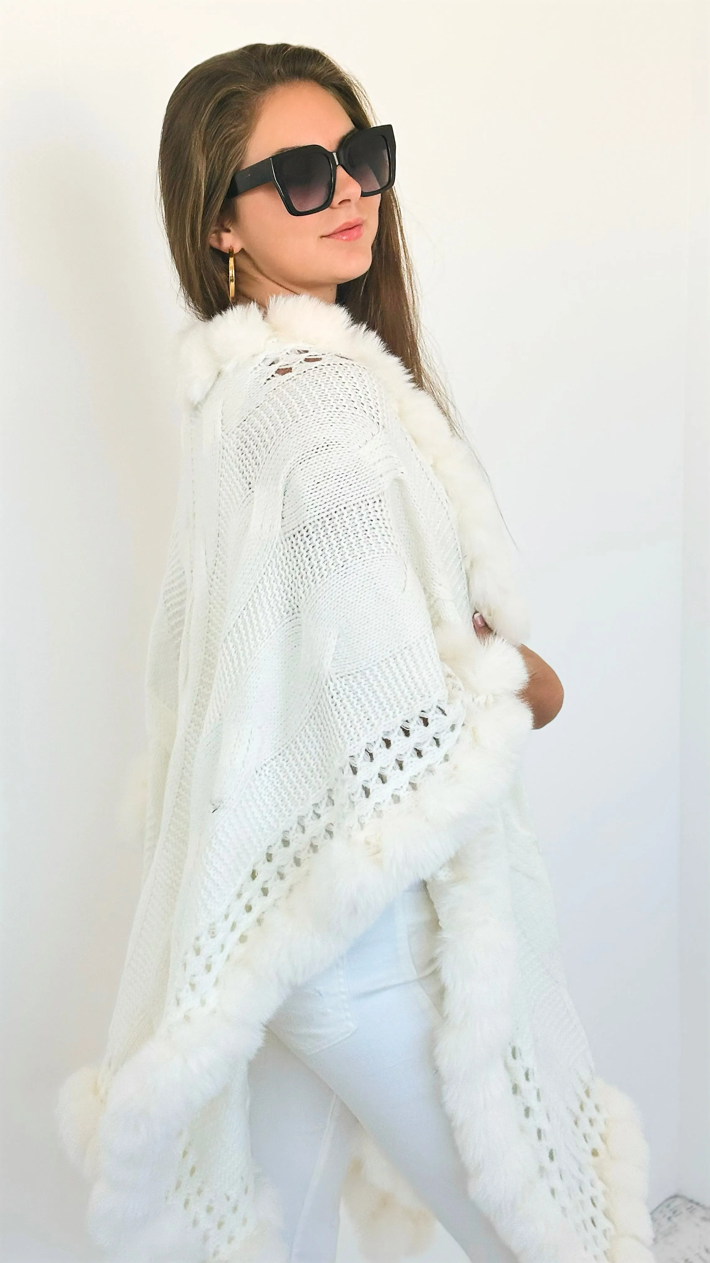 Faux Fur Trim Knitted Cardigan - Ivory