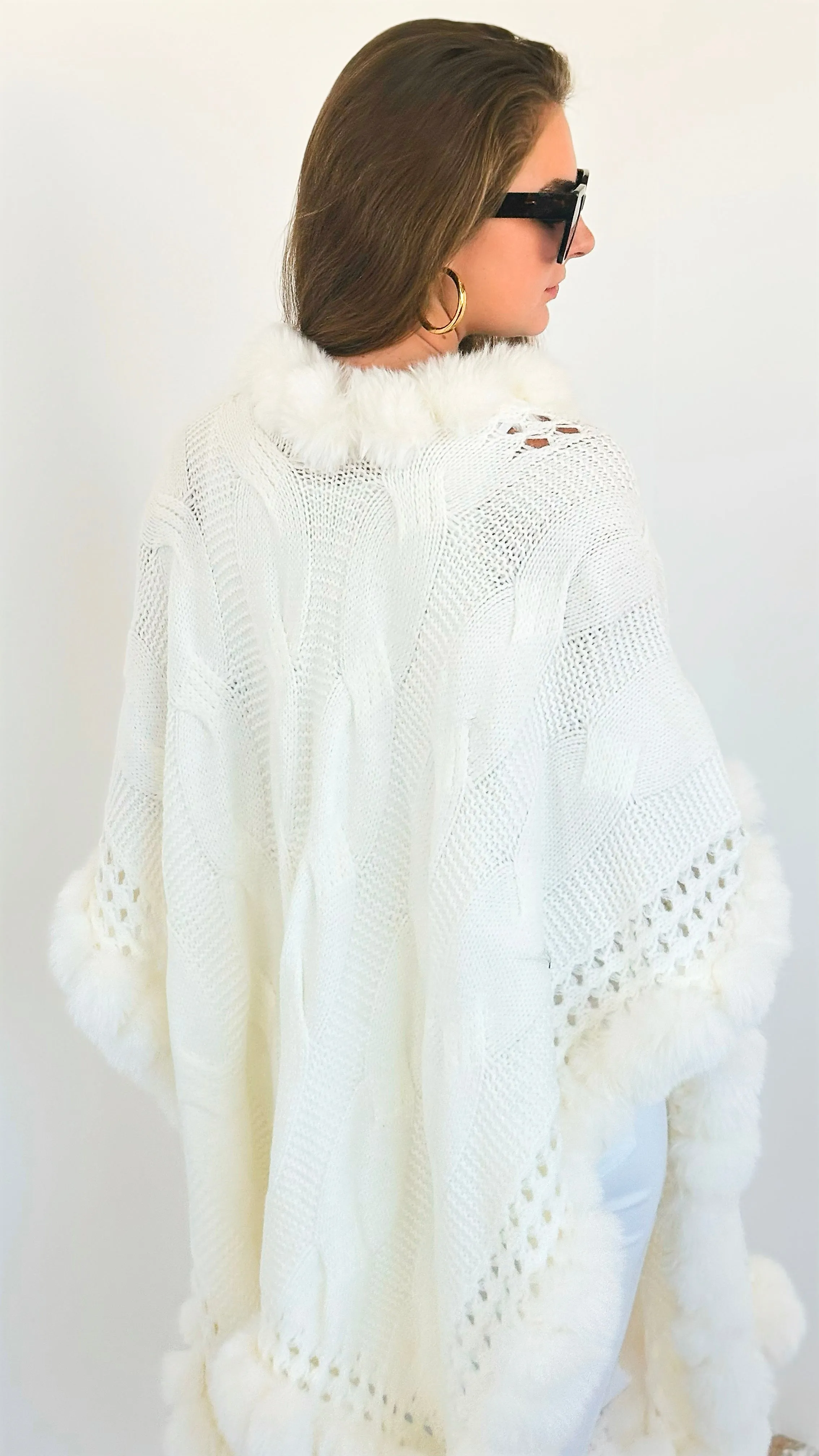 Faux Fur Trim Knitted Cardigan - Ivory