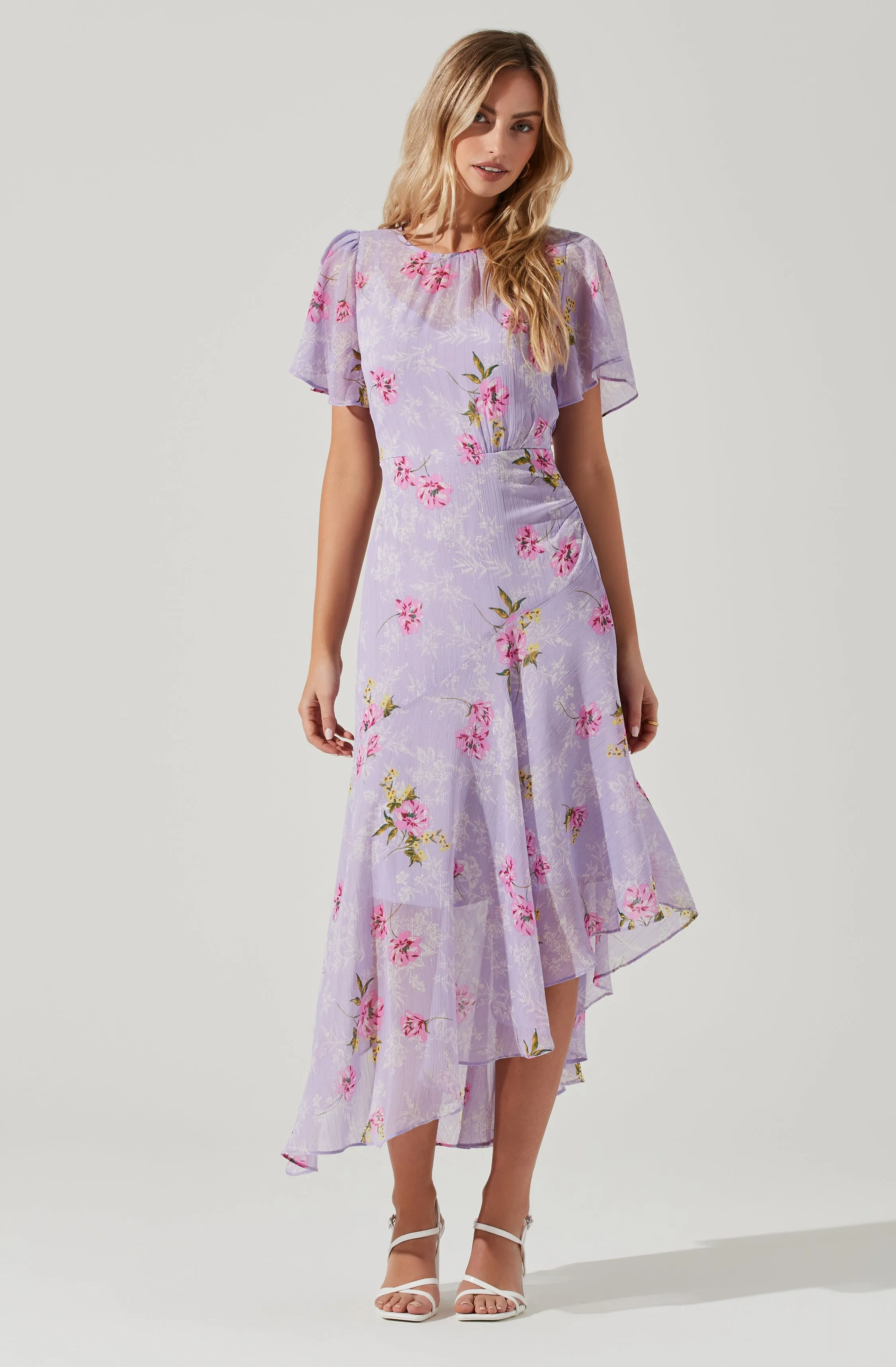 Flutter Sleeve Asymmetrical Floral Maxi Dress