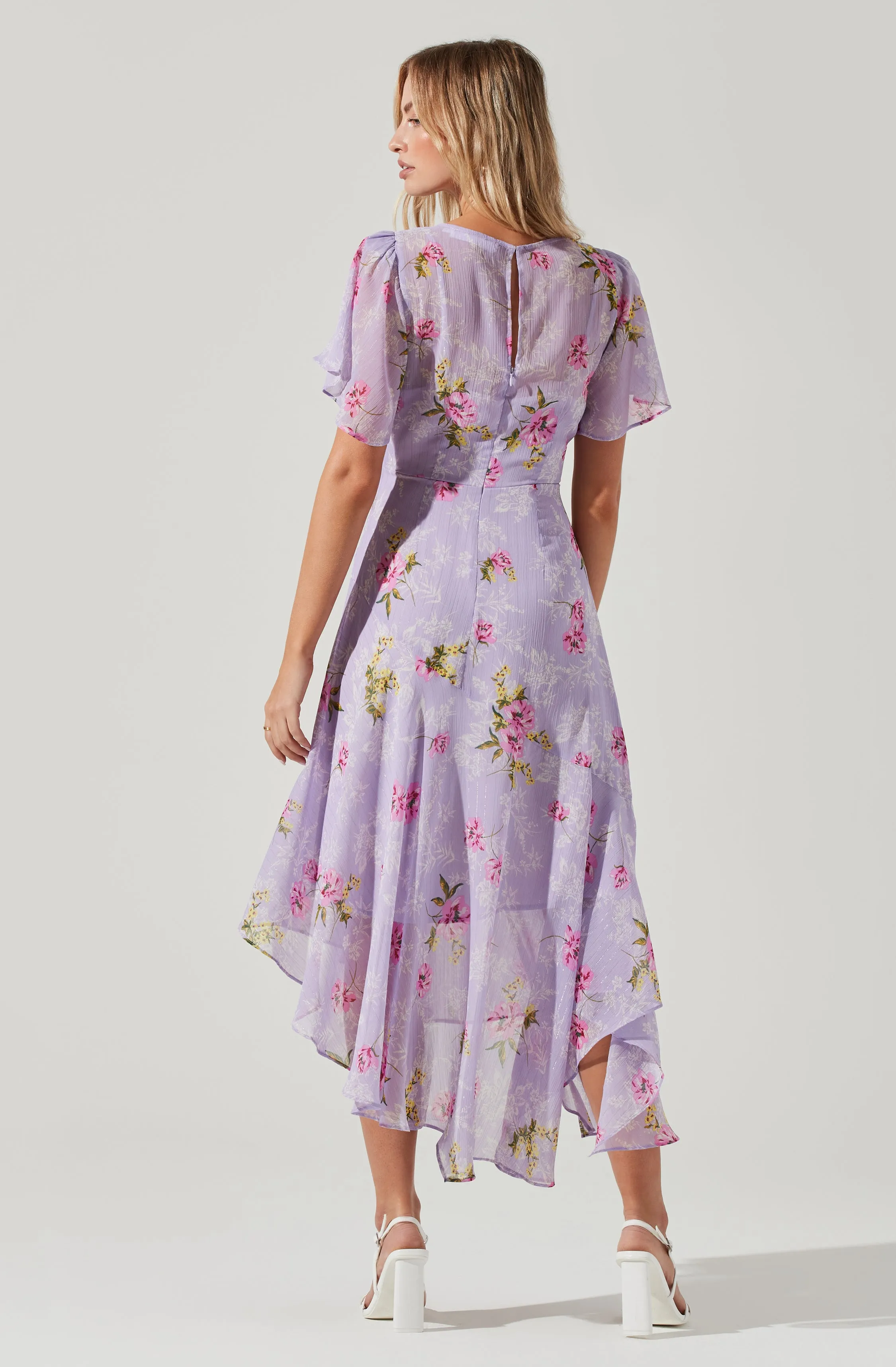 Flutter Sleeve Asymmetrical Floral Maxi Dress