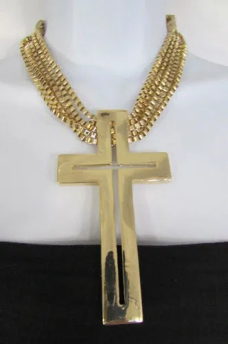 Gold Metal Dangle Chain Links Choker Necklace Large Cross