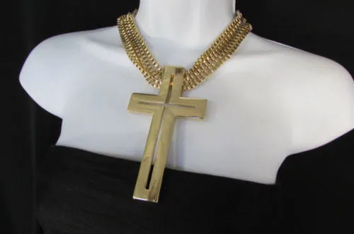 Gold Metal Dangle Chain Links Choker Necklace Large Cross