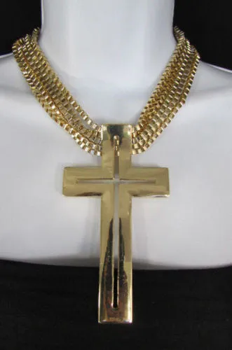 Gold Metal Dangle Chain Links Choker Necklace Large Cross