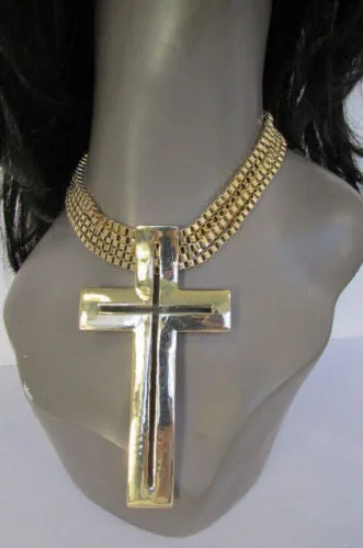 Gold Metal Dangle Chain Links Choker Necklace Large Cross