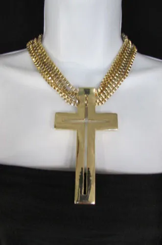 Gold Metal Dangle Chain Links Choker Necklace Large Cross