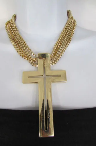 Gold Metal Dangle Chain Links Choker Necklace Large Cross