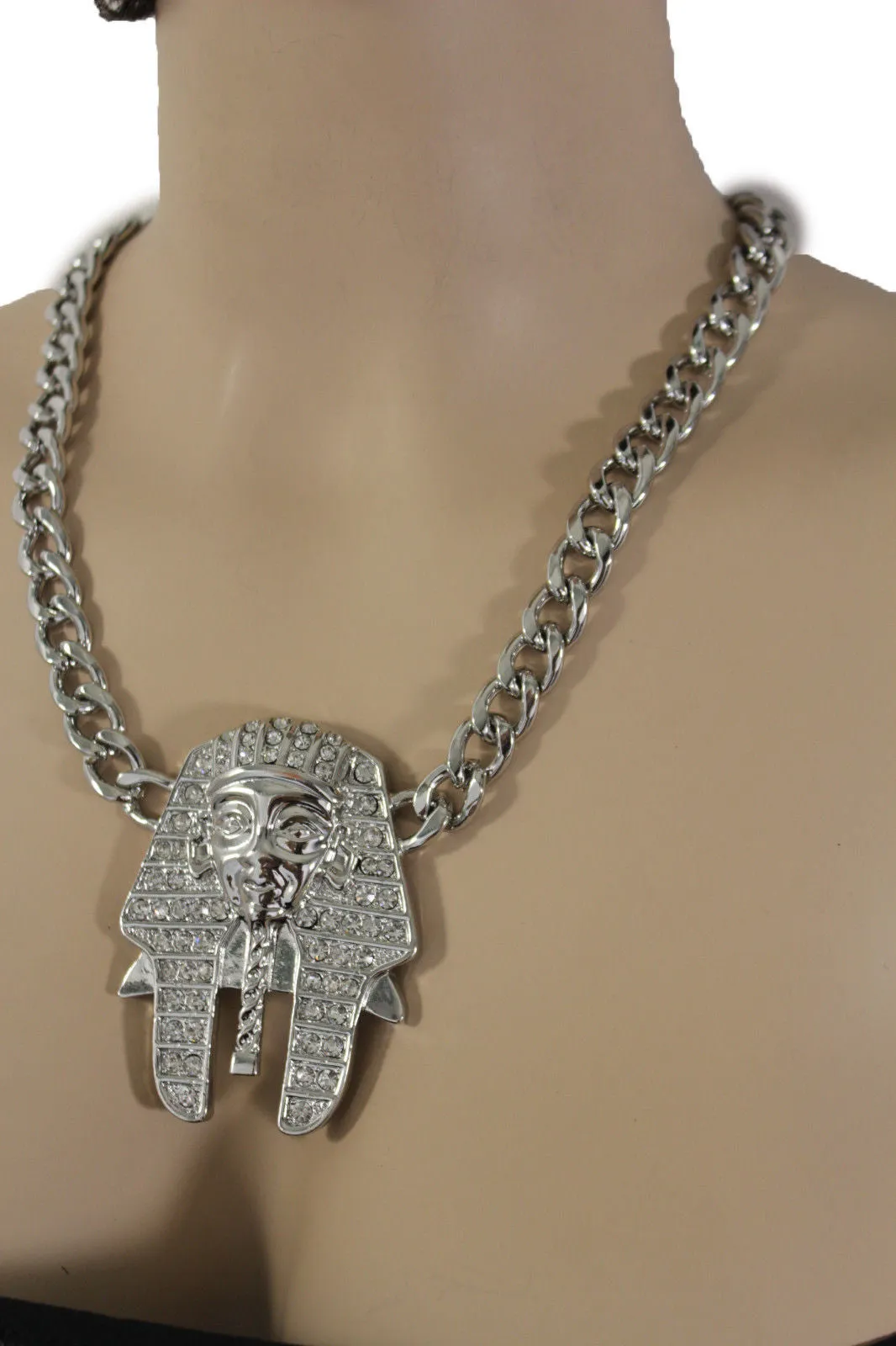 Gold Silver Metal Chain Egyptian Pharaoh Pendant Silver Rhinestones Bead Necklace