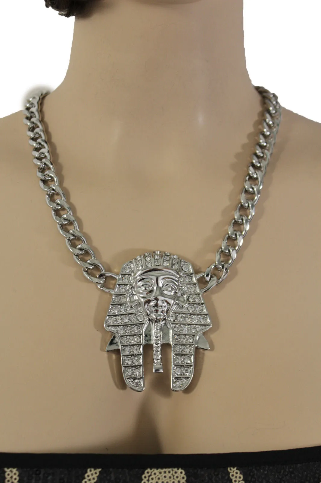 Gold Silver Metal Chain Egyptian Pharaoh Pendant Silver Rhinestones Bead Necklace