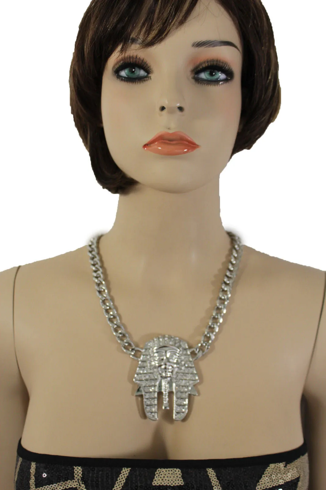 Gold Silver Metal Chain Egyptian Pharaoh Pendant Silver Rhinestones Bead Necklace