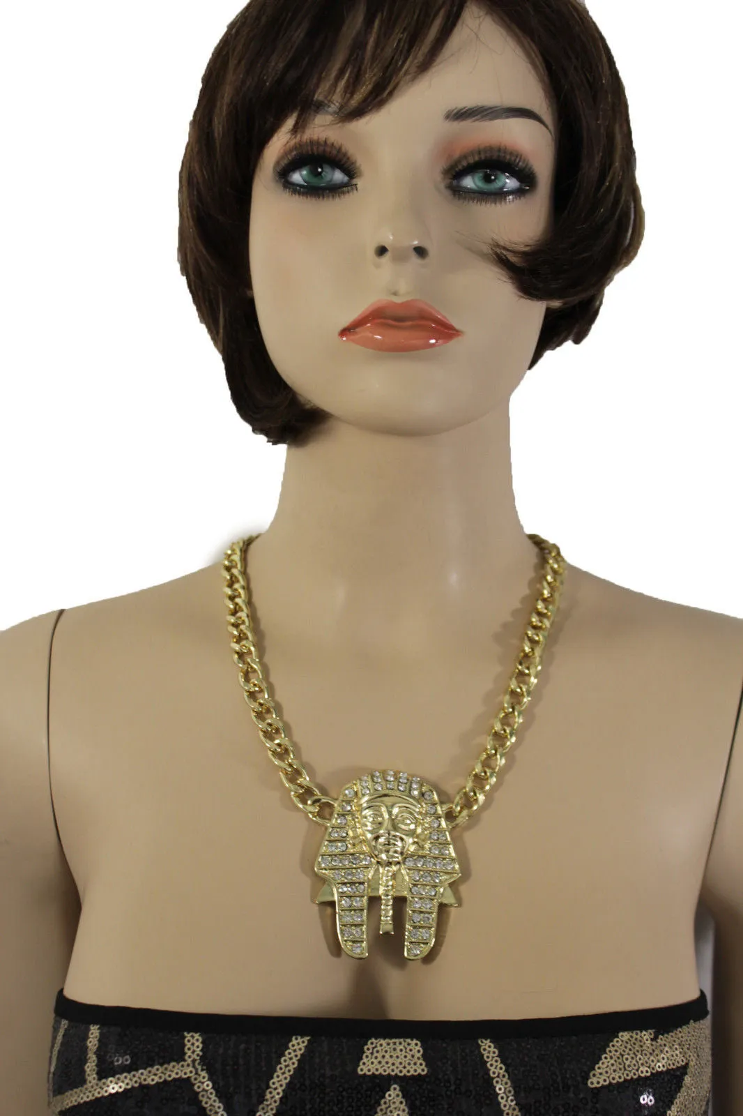 Gold Silver Metal Chain Egyptian Pharaoh Pendant Silver Rhinestones Bead Necklace