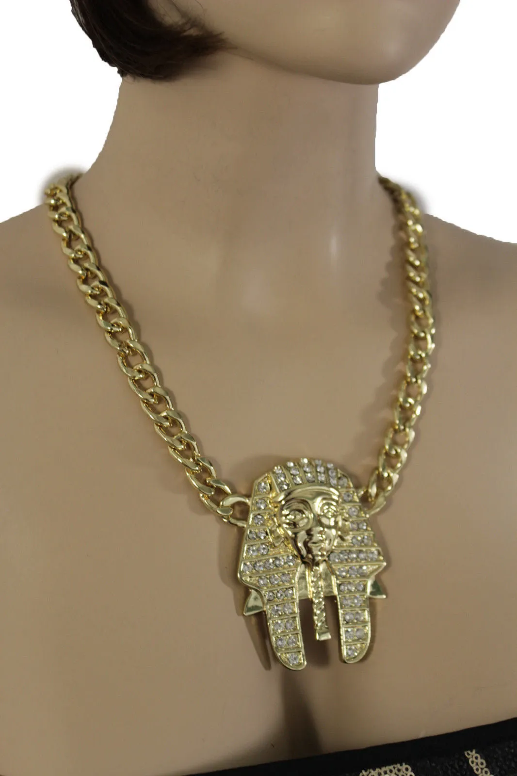 Gold Silver Metal Chain Egyptian Pharaoh Pendant Silver Rhinestones Bead Necklace