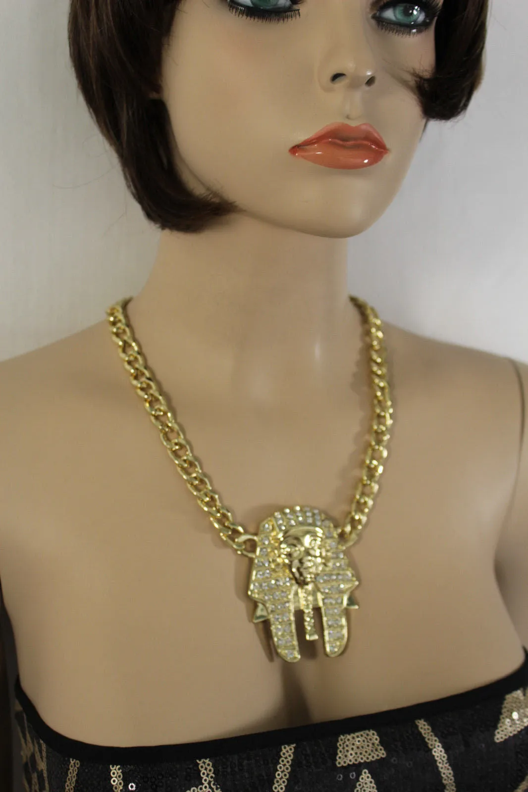 Gold Silver Metal Chain Egyptian Pharaoh Pendant Silver Rhinestones Bead Necklace