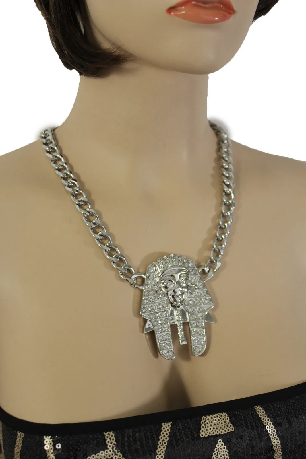 Gold Silver Metal Chain Egyptian Pharaoh Pendant Silver Rhinestones Bead Necklace