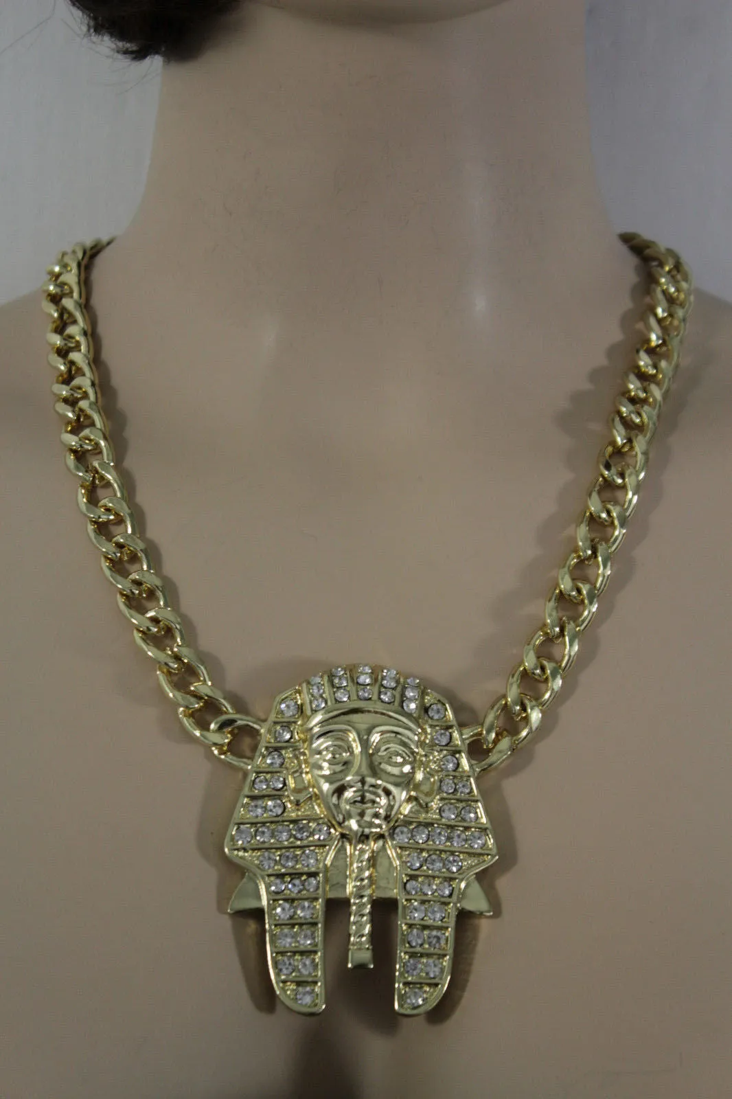 Gold Silver Metal Chain Egyptian Pharaoh Pendant Silver Rhinestones Bead Necklace