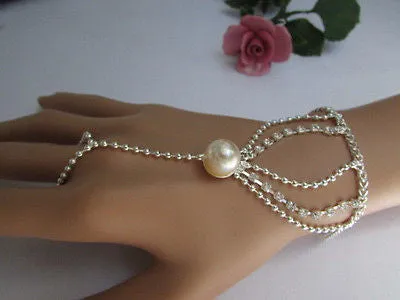 Gold Silver Thin Dressy Hand Chain Bracelet Big Imitation Pearl Bead Net Wrist