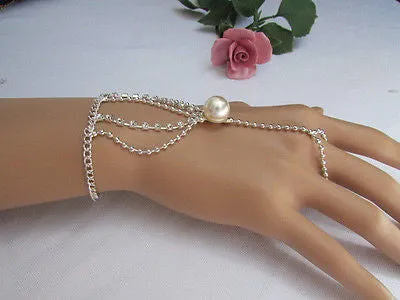 Gold Silver Thin Dressy Hand Chain Bracelet Big Imitation Pearl Bead Net Wrist