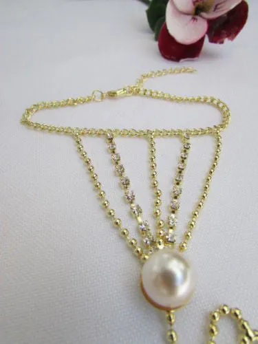 Gold Silver Thin Dressy Hand Chain Bracelet Big Imitation Pearl Bead Net Wrist