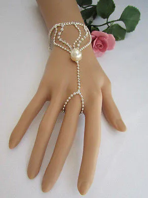 Gold Silver Thin Dressy Hand Chain Bracelet Big Imitation Pearl Bead Net Wrist