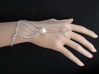 Gold Silver Thin Dressy Hand Chain Bracelet Big Imitation Pearl Bead Net Wrist