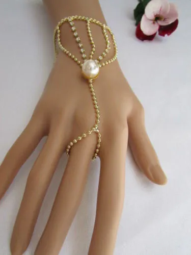 Gold Silver Thin Dressy Hand Chain Bracelet Big Imitation Pearl Bead Net Wrist