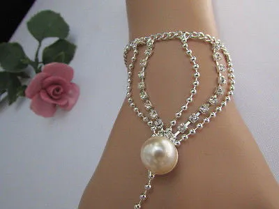 Gold Silver Thin Dressy Hand Chain Bracelet Big Imitation Pearl Bead Net Wrist