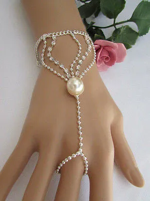 Gold Silver Thin Dressy Hand Chain Bracelet Big Imitation Pearl Bead Net Wrist