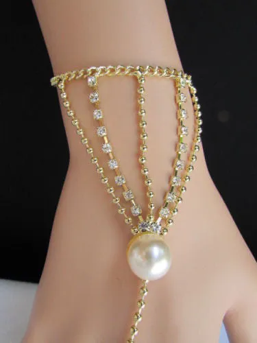 Gold Silver Thin Dressy Hand Chain Bracelet Big Imitation Pearl Bead Net Wrist